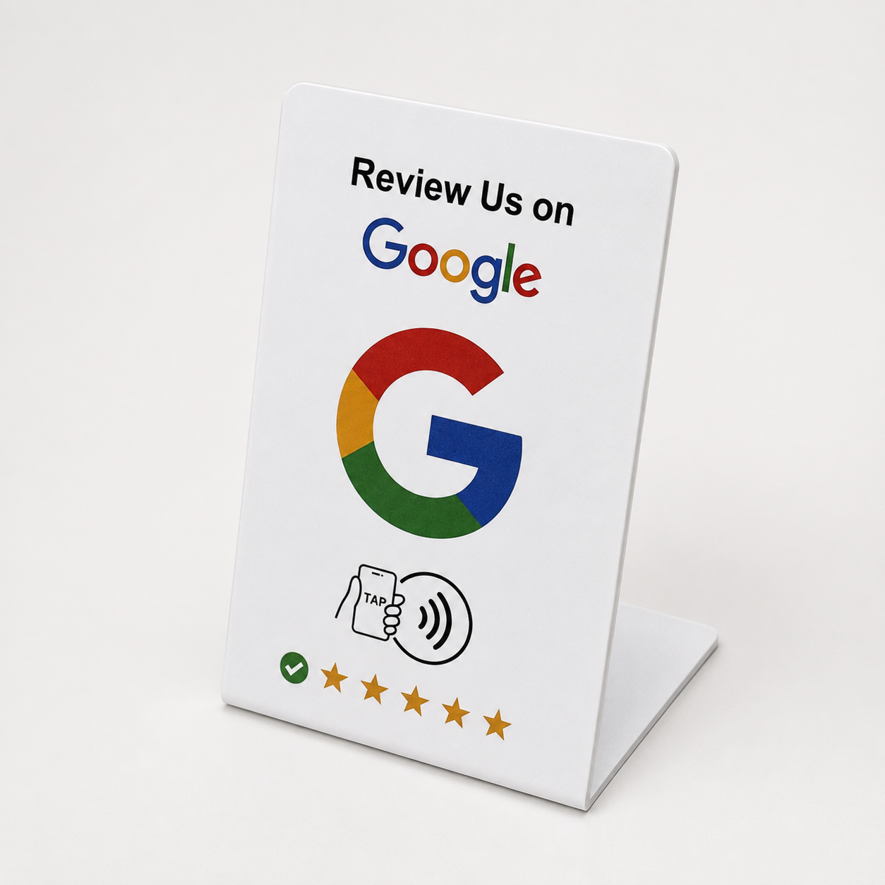 Soporte NFC de mostrador con logo de Google y cinco estrellas para reseñas